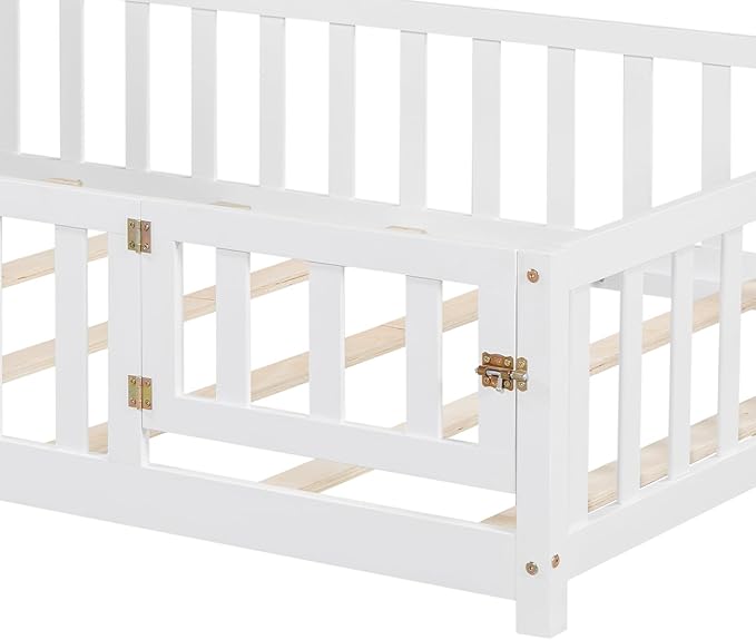 Bellemave Full Size Floor Bed for Kids, Girls, Boys, Solid Wood Montessori Bed with Storage headboard, Door, Storage, White