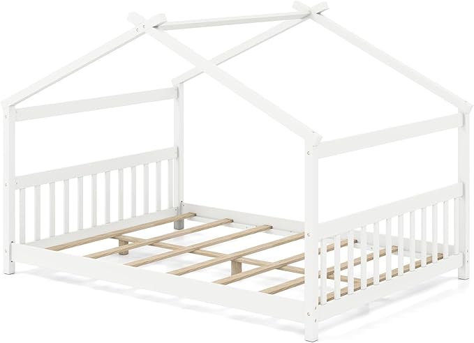 Giantex Full Size Floor Bed, Solid Wood Montessori House Bed with Roof, Headboard and Footboard, Low Full Bed Frame for Kids Teens Girls Boys, No Box Spring Needed, White