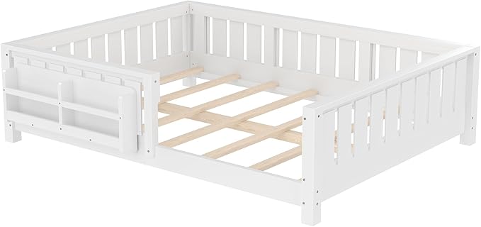 Bellemave Full Size Floor Bed with Slats and Safety Guardrail, Full Size Montessori Floor Bed with Fence and Built-in Bookshelf, Easy Assemble Montessori Beds for Kids, Girls, Boys, White