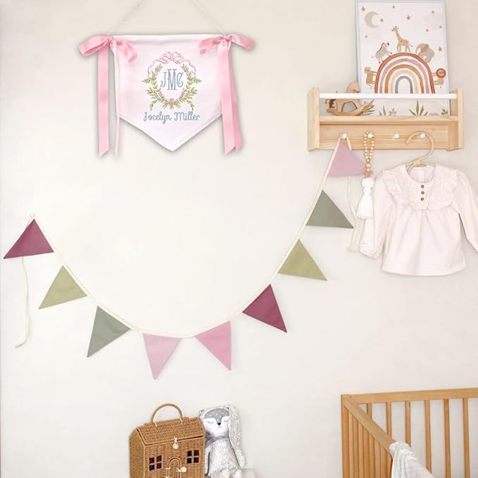 EMBROIDERED Name Baby Banner, Baby Flag with Monogram Name, Personalized Baby Name Sign, Customizable Baby Name, Baby Announcement Sign for Hospital (02)