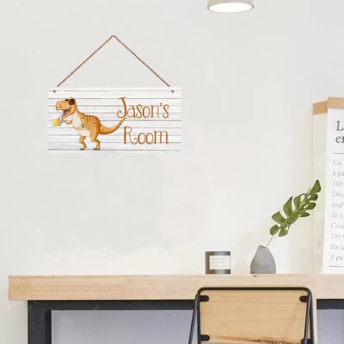 Personalized Sign Cute Dinosaur Sign Cartoon Art Décor For Kids Room Custom Name Door Wall Decor, Floral Nursery Art Plate For Boys Room Girls Bedroom Little Man Cave