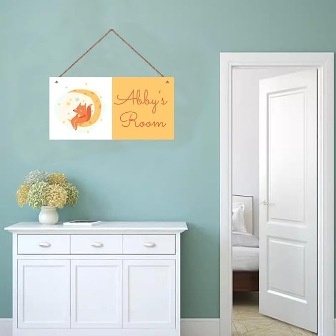 Personalized Custom Name Fox Sign Moon Art Decor for Kids Room, Nursery Art Plate, Boys Room, Girls Bedroom, Little Man Cave, 5*10inch Tin, Wood Wall Mount Rustic Sign