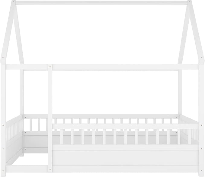 Full Size House Bed with High Fence for Kids,Full Floor Bed Frame, Kids Montessori Bed Full Size,Solid Wood House Bed Frame for Boys,Girls,White