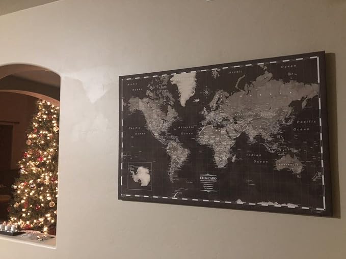 Conquest Maps World Travel Map with Pins Modern Slate Style Push Pin Travel Map Cork Board, Track Your Travels w/a Handmade Unique Canvas Pinable Map (36" x 24")