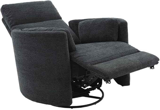 Pemberly Row Polyester Fabric Power Swivel Glider Recliner in Black with USB Charging Ports and 2 Comfort Pillows for Living Room