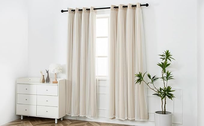 INLINAS Beige Blackout Curtains with Sheer Overlay - Grommet Top Thermal and Noise Reduction Panels for Bedroom and Living Room Light Blocking and Energy Saving, 52 x 72 Inches, Set of 2