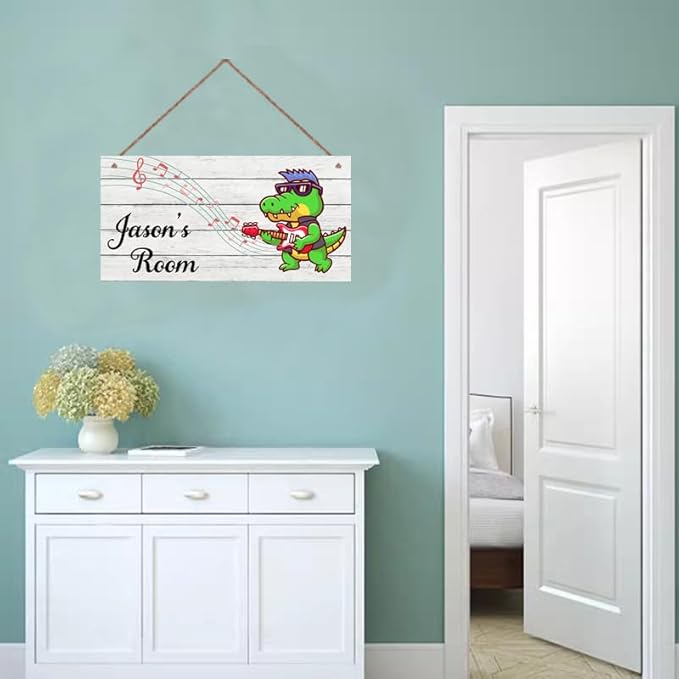 Personalized Signs Cute Dinosaur Playing Guitar Sign For Kids Room Custom Name Door Wall Decor For Girls Room Floral Nursery Art Plate For Boys Bedroom Little Man Cave