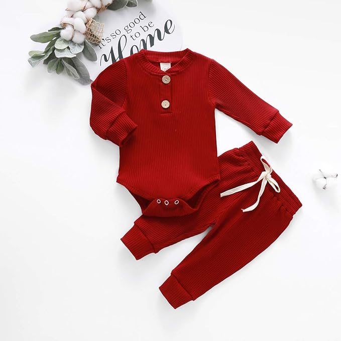 Newborn Baby Boy Girl Clothes Ribbed Knitted Cotton Long Sleeve Romper Long Pants Solid Color Fall Winter Outfits