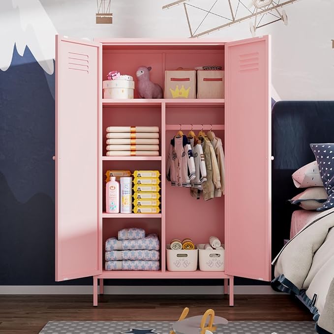 2 Door Metal Wardrobe,Classified Storage Tall Cabinet with Hanging Rod & 2 Freely Adjustable Shelves, Metal Armoire Closet for Kids Bedroom, Laundry Room,Home (Storage Cabinet, Pink)
