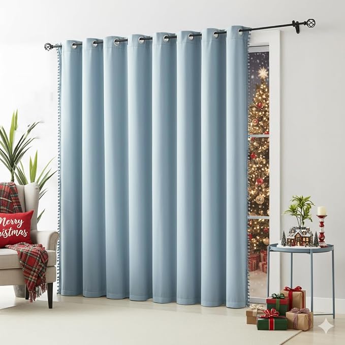 Treatmentex 100% Blackout Curtain Blue Sliding Door Curtains Pom Pom Extra Wide Glass Door Curtains for Living Room Energy Efficient Thermal Patio Door Drapes Grommet Top 1pc 100x84 Light Blue