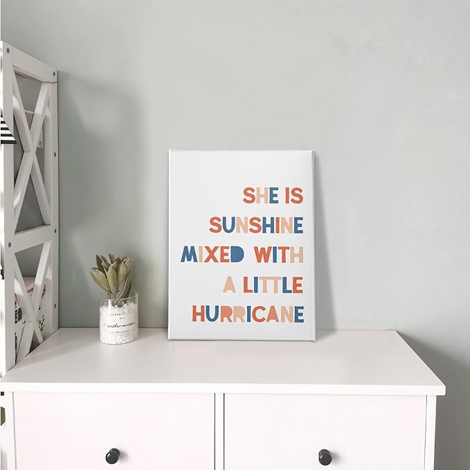 PHAMTE Girls Bedroom Wall Decor,She Is Sunshine Mixed With a Little Hurricane Girls Room Wall Art,Sunshine Print Framed Canvas Painting Artwork Girl Room Bedroom Home Nursery(11x14 Inch)（White-3）