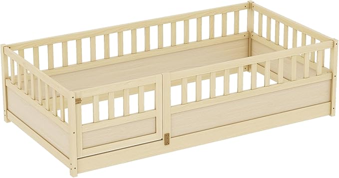 Ball & Cast Twin Size Montessori Floor Bed with Baffle Design & Open Door,Toddler Floor Bed Frame W/Fence and High Guardrails,Wooden Playhosue Bed for Girls and Boys,No Box Spring Needed,Natural