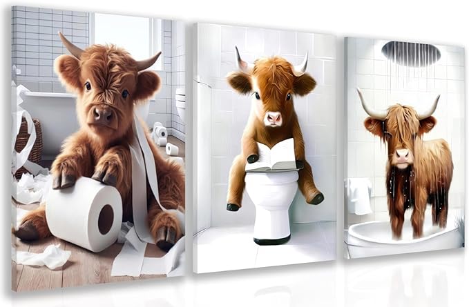 Hianan Funny Bathroom Highland Cow Canvas Wall Art, Cute Brown Cow Bathroom Wall Decor, Framed Animal Bathing Poster Prints, Retro Rustic Farmhouse Wrapped Canvas Artwork for Bathroom Restroom 16"x24"x3