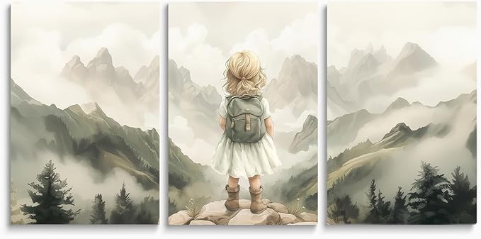 3-Piece Adventure Girl Nursery Wall Art, Mountain & Woodland Forest Nursery Decor for Toddler Room, Adventure Nursery Wall Decor for Kids Baby Girl's Room, Framed Canvas Set, 16"x24"