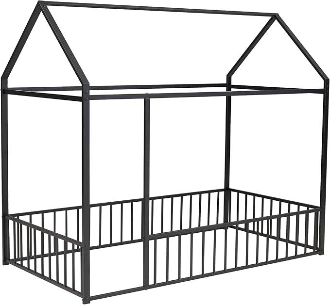 Bellemave Twin Size Montessori Floor Bed, Metal House Bed Framefor Kids, Montessori Floor Beds with Fence, Playhouse for Kids,Black