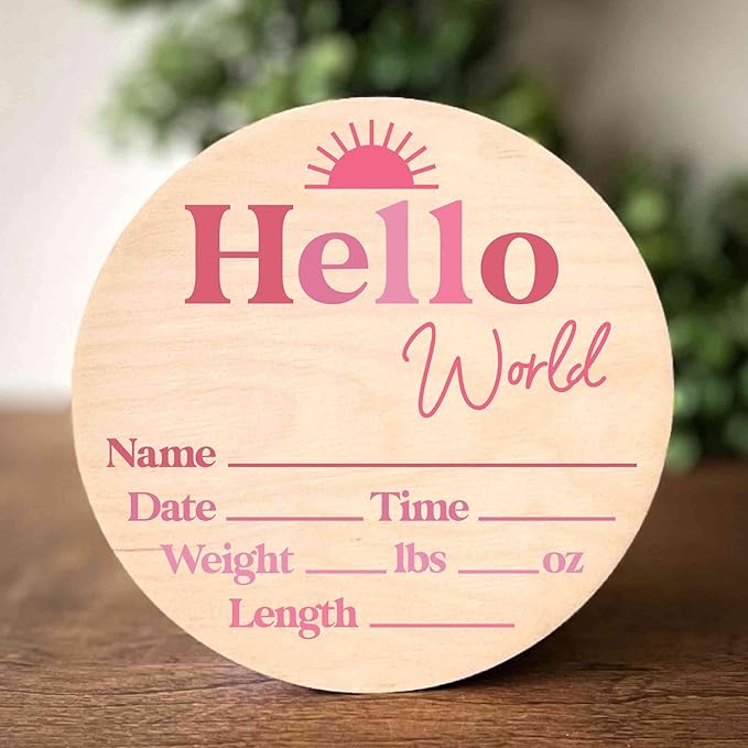 Hello World Newborn Sign - Baby Name Birth Stats Announcement Plaque for Hospital - Photo Prop - Pink Nursery Decor - Shower Gift