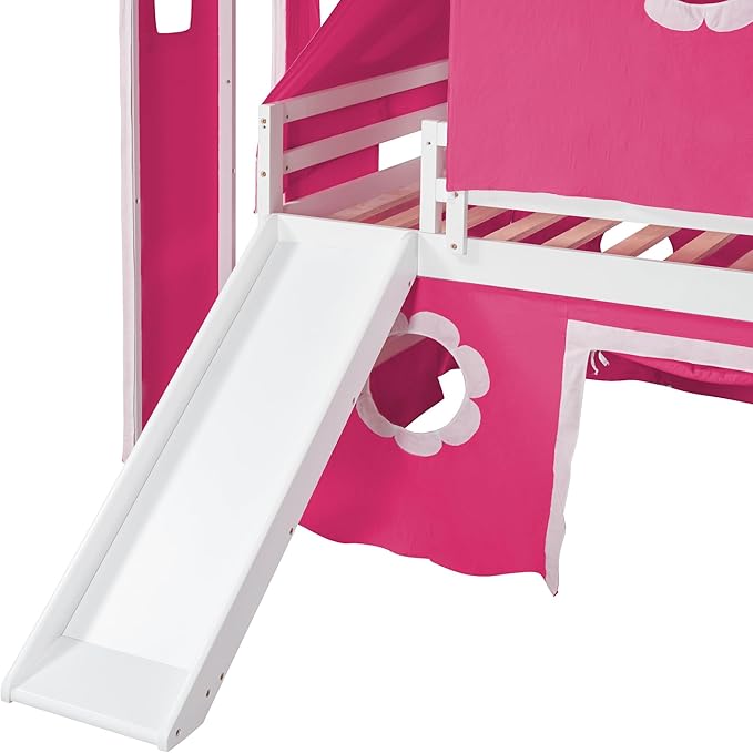 Full Size Low Loft Bed with Slide & Tent and Tower, Playhouse Design Solid Wood Tent Bed Frame for Kids Boys Girls, Versatile Spacious Under Bed Space with Curtains (Pink-FF)