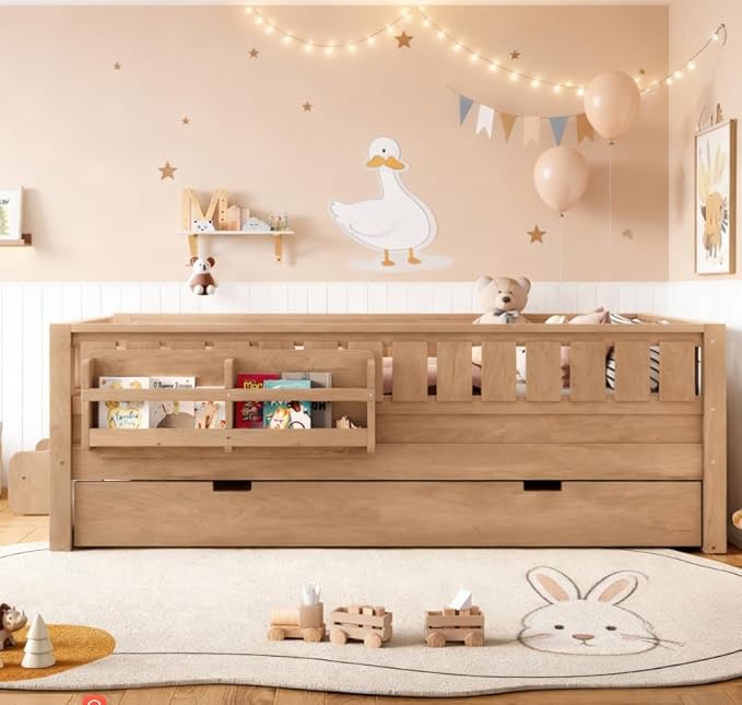Bellemave Twin Size Kids Bed with high Rails and with Built-in Bookshelf and Trundle for Kids, Girls, Boys, Wood Montessori Bed Without Door, Natural