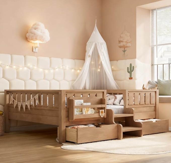 Bellemave Full Size Kids Bed with high Rails and with Built-in Bookshelf and Drawers for Kids, Girls, Boys, Wood Montessori Bed Without Door, Natural