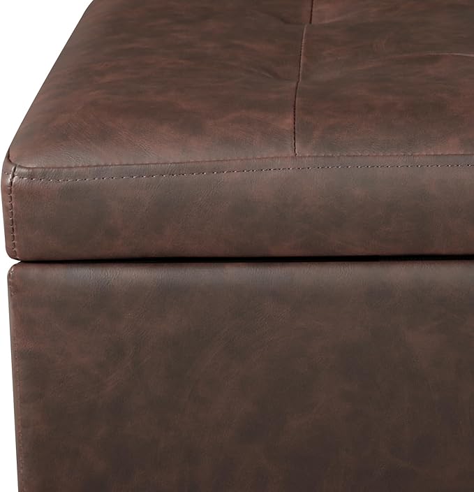 Adeco 16.7" H Brown Leather Storage Ottoman with 360 Caster Wheels, Square Foot Stool with Decorative Bronze Thumb Tacks & 330 LB Load Capacity, Modern Ottoman for Living Room, Bedroom, Entryway