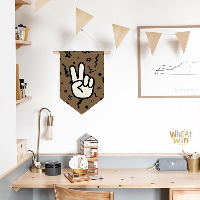 Wheatwin Boys Room Decor, Trendy Retro Wall Decor for Kids Toddler Nursery Room Bedroom Playroom, Peace Sign Brown Wall Hanging Pennant Flag Banner 15x11 Inch