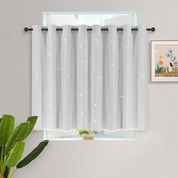 Kinryb Kids Blackout Small Curtains for Bedroom/Living Room/Classroom, Sheer Overlay 2 Free Tiebacks,Double Layer Curtains with Star Cutout for Kids Room(W 52 x L 36 Inches,Greyish White 2 Pcs)