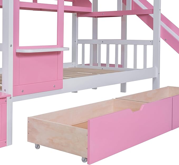 Twin-Over-Twin Castle Style Bunk Bed with 2 Drawers and 3 Shelves, Wood Bunk Bed Frame with Slide and Storage Staircase for Kids Teens Boys Girls, Maximize Space Savings