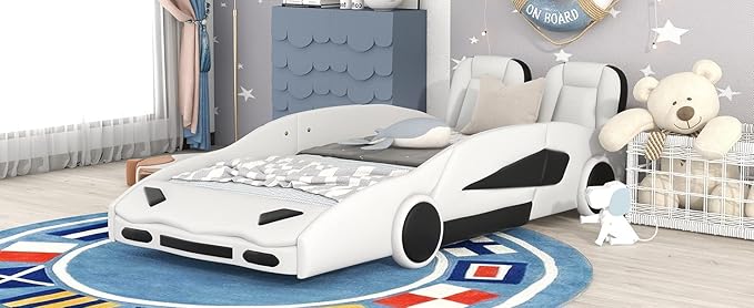Ball & Cast Twin Size Race Car Shaped Platform Bed with Wheels,Wood Low Floor Bed Frame w/Rails & Headboard,Slat Support,No Box Spring Needed,for Apartment,Dorm,White
