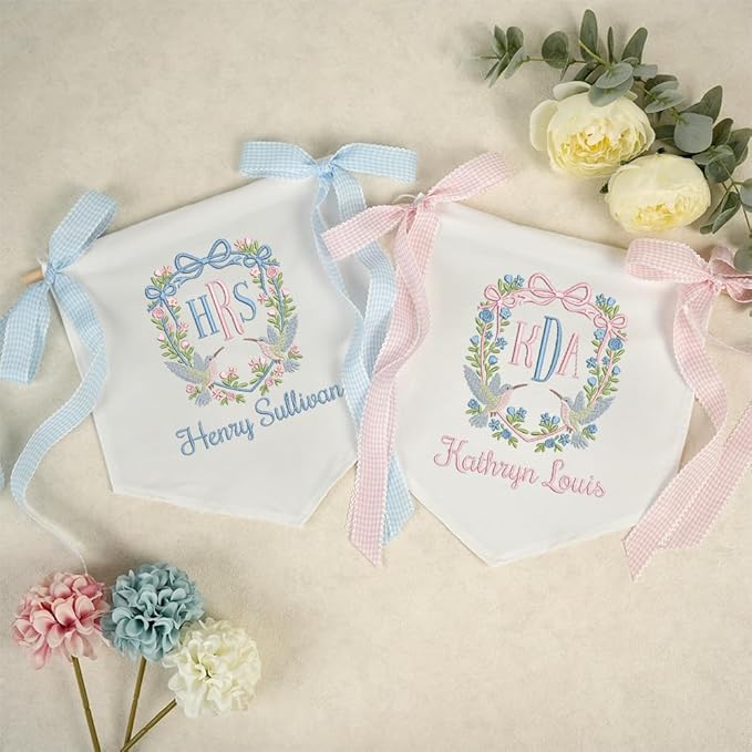 Embroidered Baby Name Sign with Bows Personalized Baby Announcement Sign Newborn Baby Banner Baby Hospital Name Sign Canvas Hanging Pennant Flag Custom Infant Baby Name Baby Shower Banner (08)
