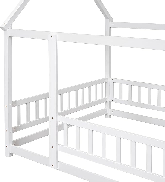 Bellemave Full Size House Floor Bed,Wooden Montessori Bed with Fence and Roof for Kids,Playhouse Full Bed Frame for Girls,Boys(Full,White)