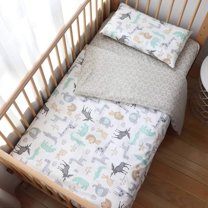 100% Cotton Crib Bedding Set for Baby Boys Girls,3 Pcs Baby Bed Linen Include Duvet Cover,Fitted Sheet,Pillowcase,Nursery Decoration,No Filler(Khaki)