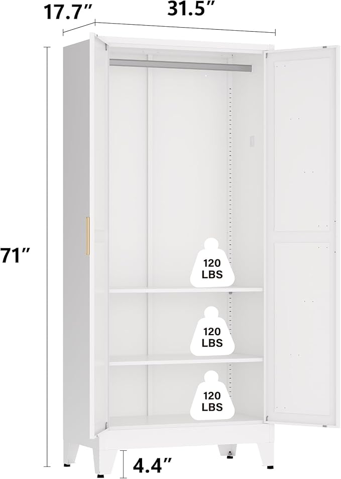Metal armoire Wardrobe Closet with Hanging Rod,71'' Metal Wardrobe Cabinet with 2 Doors and 2 Adjustable Shelves, Bedroom armoires,Laundry Room cabinets,armario de ropa Closet(Classic, White)