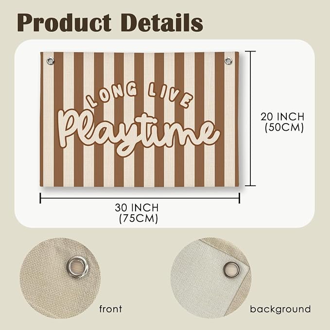 Playroom Decor for Boy, Long Live Playtime Wall Hanging Linen Banner, Blue Striped Wall Flag for Kids Room Nursery Playroom Decor, 20x30 Inch-Brown