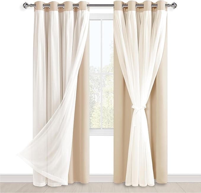 Hiasan Blackout Curtains with Sheer Overlay, Thermal Insulated Mix & Match Double Layer Room Darkening Curtains for Bedroom, Living Room, Nursery, 2 Window Panels Sewn with Tiebacks, Beige, 52W X 84L