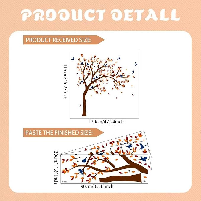 Large Tree Wall Decals,Autumn Nursery Tree Wall Sticker Decors,Peel and Stick Autumn Theme Art Decals for Kids Bedroom Nursery Playroom Library Living Room and Bedroom Decoration