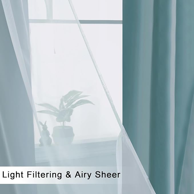 Hiasan Mix & Match Blackout Curtains with Sheer Overlay, Double Layer Thermal Insulated Privacy Grommet Window Curtains for Girls Bedroom,Living Room,2 Drape Panels with Tiebacks,Stone Blue,52W X 96L