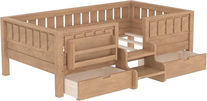 Bellemave Twin Bed with Slats and Stairs, Twin Size Platform Bed Frame with Fence, Bookshelf and Storage Drawers, Easy Assemble Beds for Kids, Girls, Boys, Natural