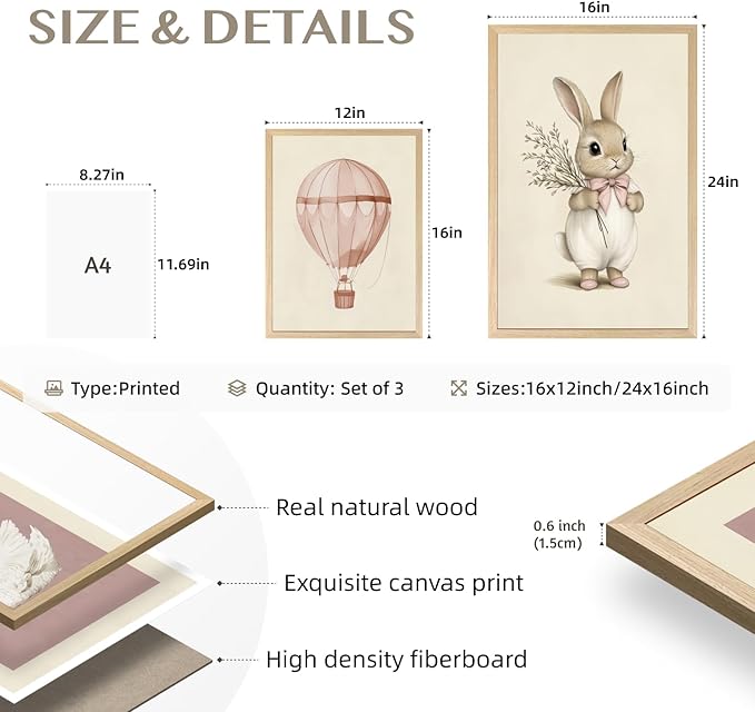 kilamino Pink Baby Girl Nursery Wall Art, Neutral Cute Rabbit and Swan Wall Decor, Vintage Hot Air Balloon Poster Prints, Pastel Bunny Animals Canvas Paintings for Baby Room Wood Framed 16"x24"x3