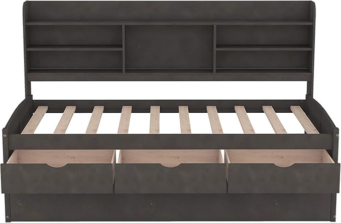 Harper & Bright Designs Twin Size Captain Bed with Built-in Bookshelves/3 Storage Drawers/Trundle, Wooden Twin Daybed Bed Frame for Kids Teens Dorm Bedroom Multipurpose Guest Room, Antique Gray