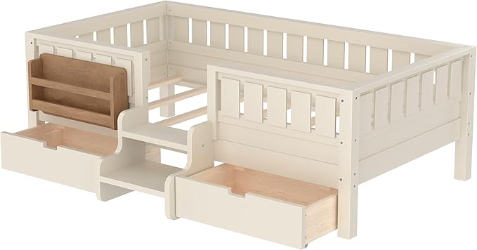 Bellemave Twin Size Kids Bed with high Rails and with Built-in Bookshelf and Drawers for Kids, Girls, Boys, Wood Montessori Bed Without Door, Beige
