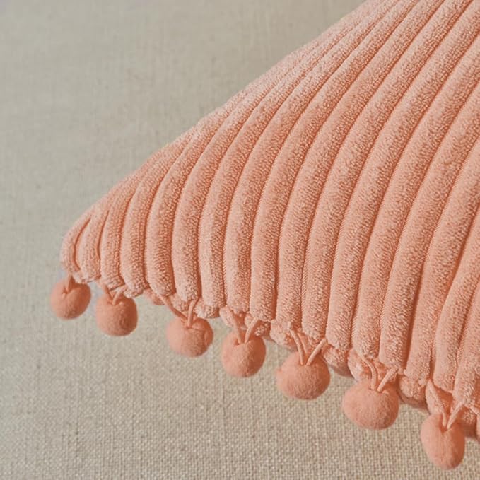Fancy Homi Pack of 2 Peach Decorative Throw Pillow Covers 16x16 Inch with Pom-poms for Couch Bed Bedroom, Farmhouse Boho Home Decor, Soft Corduroy Solid Square Cushion Case 40x40 cm