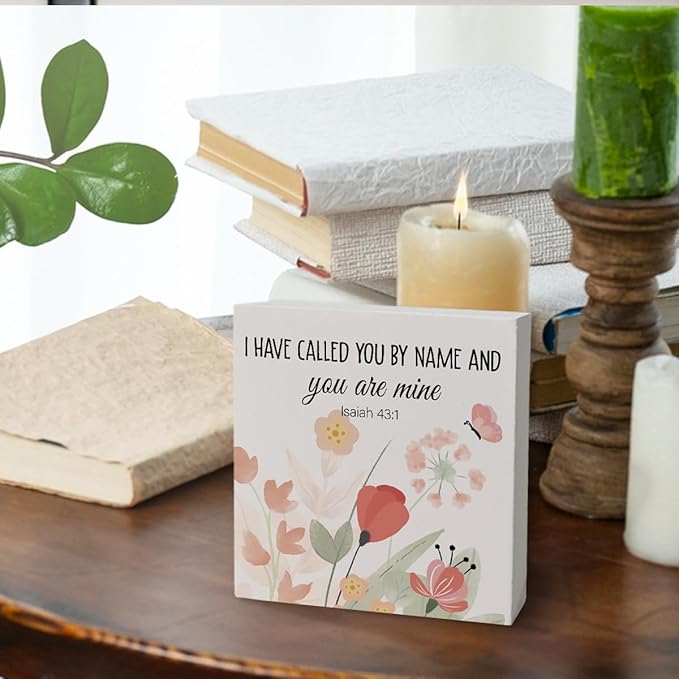 Bible Verse Boho Watercolor Wooden Box Block Sign, Christian Religious Gift, I Have Called You by Name, You Are Mine, Inspirational Nursery Home Desk Shelf Decor, 5x5