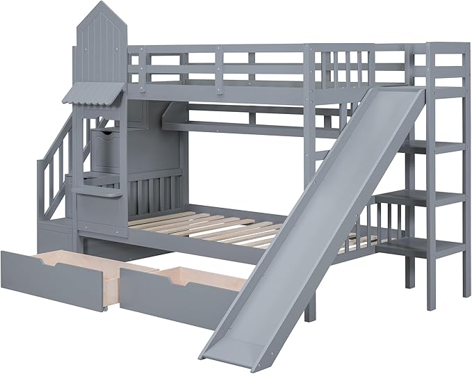 Full-Over-Full Castle Style Bunk Bed with 2 Drawers and 3 Shelves, Wood Bunk Bed Frame with Slide and Storage Staircase for Kids Teens Boys Girls, Maximize Space Savings