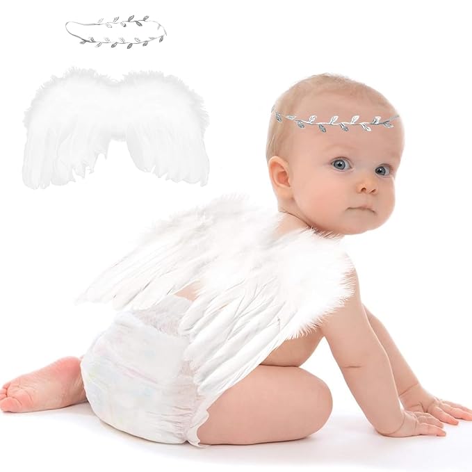 White Angel Wings With Leaf Headband For Newborn Infant Photography Props Soft Feather Wings For Kids Photo Outfits Baby Girls Costume(Color A, One Size)