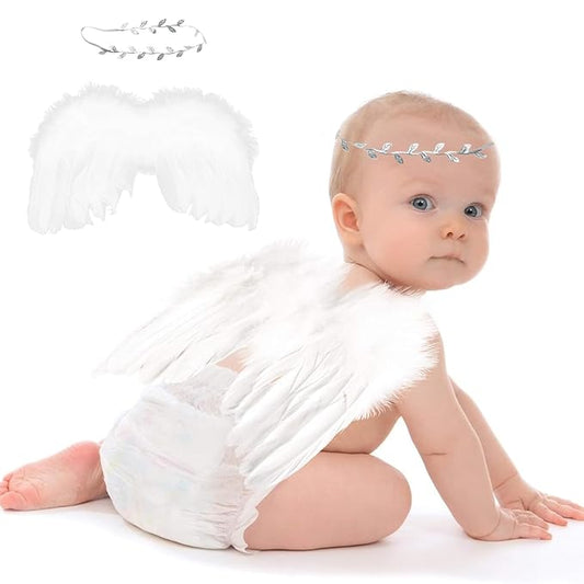 White Angel Wings With Leaf Headband For Newborn Infant Photography Props Soft Feather Wings For Kids Photo Outfits Baby Girls Costume(Color A, One Size)