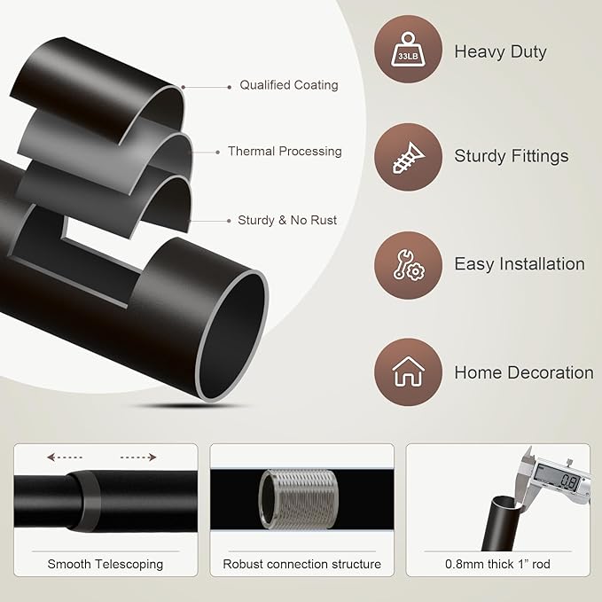 Modern Black Curtain Rods for Windows 66 to 120 Inches Adjustable Length Heavy Duty 1" Diameter Window Curtain Rod with Decorative Finials for Outdoor Farmhouse Bedroom Kitchen Living Room