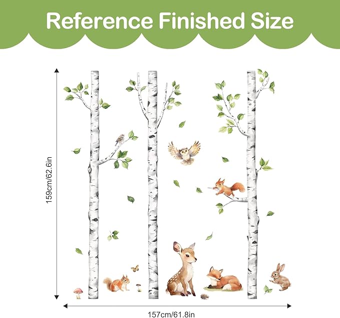 Tanlaby Large White Birch Tree Wall Decals Forest Animals Wall Stickers Woodland Trees Wall Decals Deer Fox Sticker Art Decor for Baby Nursery Boys Kids Toddler Bedroom Playroom Classroom