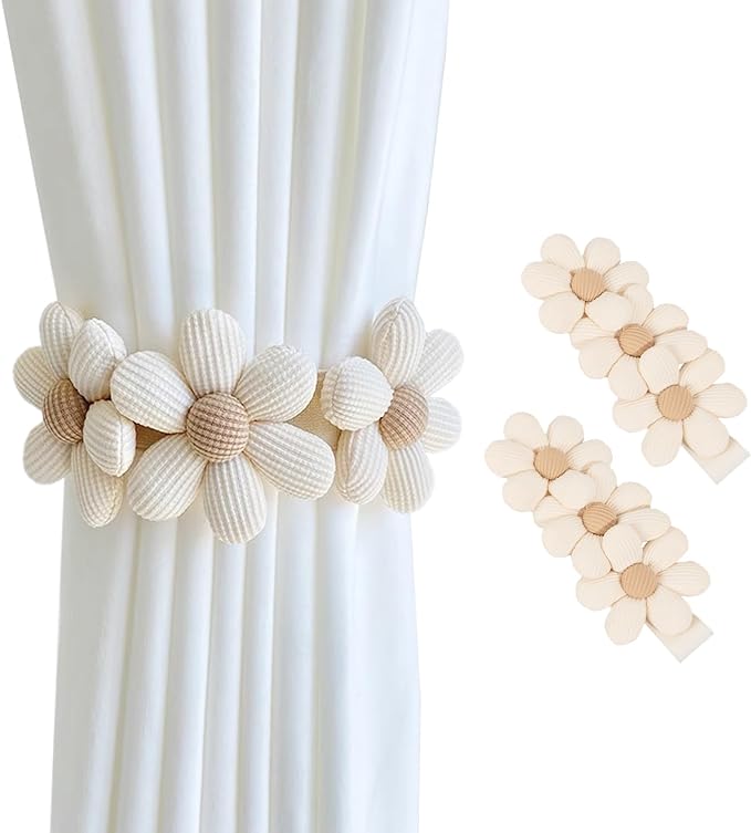 SRG Sunflower Curtain Tiebacks-2 Pack | Daisy Curtain Holdbacks Three Flower | Curtain Tiebacks Boho | Japanese Curtain Ties | Cute Flower Curtain Ties Decorative for Bedroom Window Treatment （Cream）