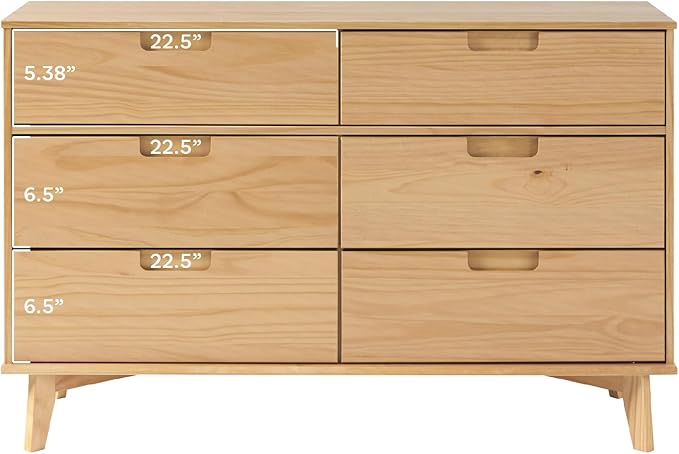 Walker Edison Sloane 6-Drawer Groove Handle Solid Wood Dresser, 52 Inch, Natural Pine