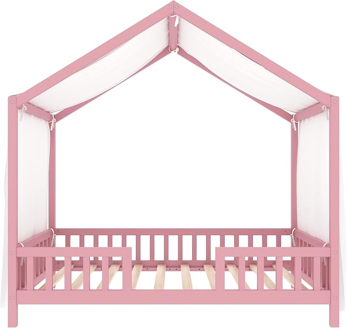 Bellemave Twin House BedFrame with Canopy, Montessori Floor Bed, House Bed with Rails for Kids, Pink